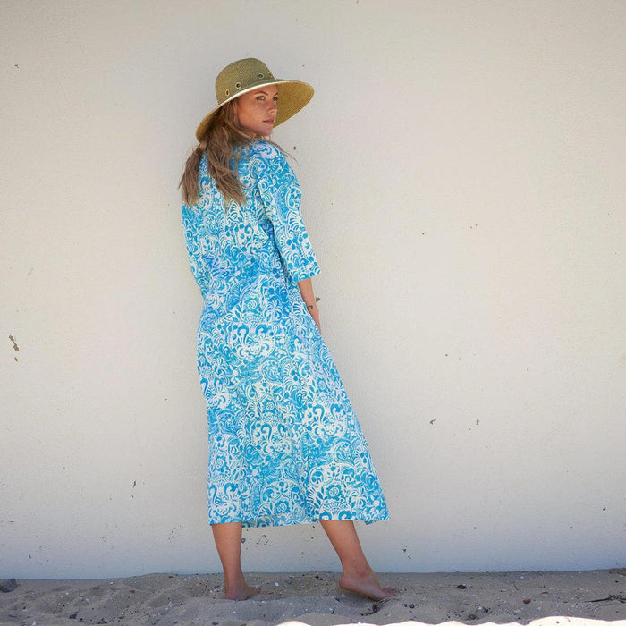 COTTON KIMONO / BATHROBE - Bohemian Art Bright Blue