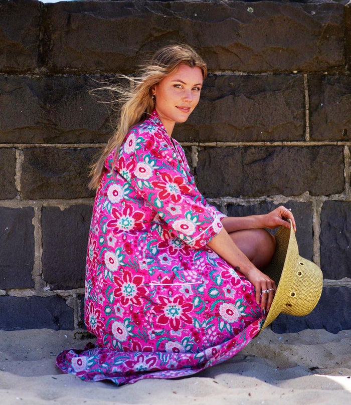 COTTON KIMONO / BATHROBE - Groovy Pink