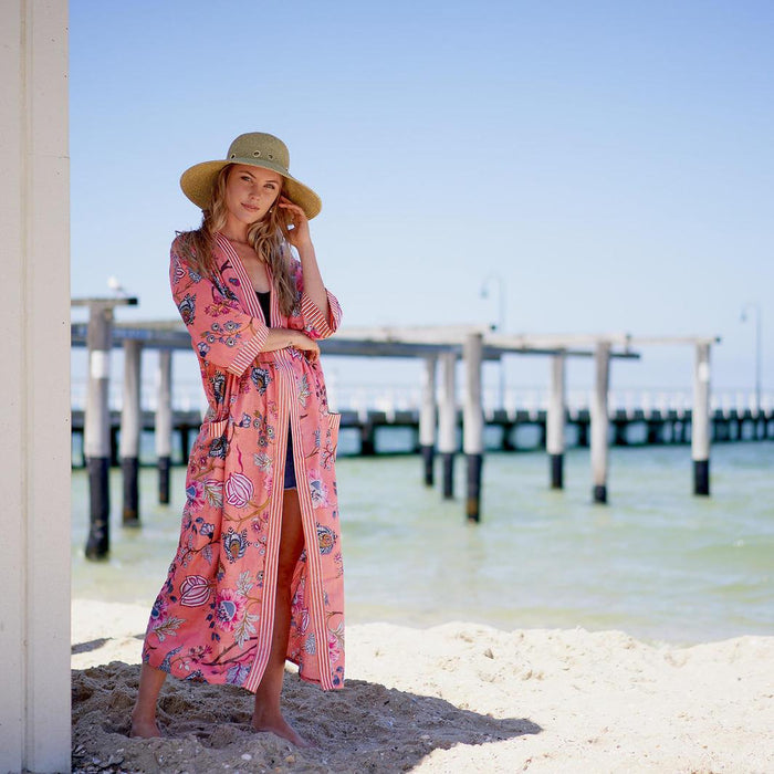 COTTON KIMONO / BATHROBE - Pink Lotus Blooms