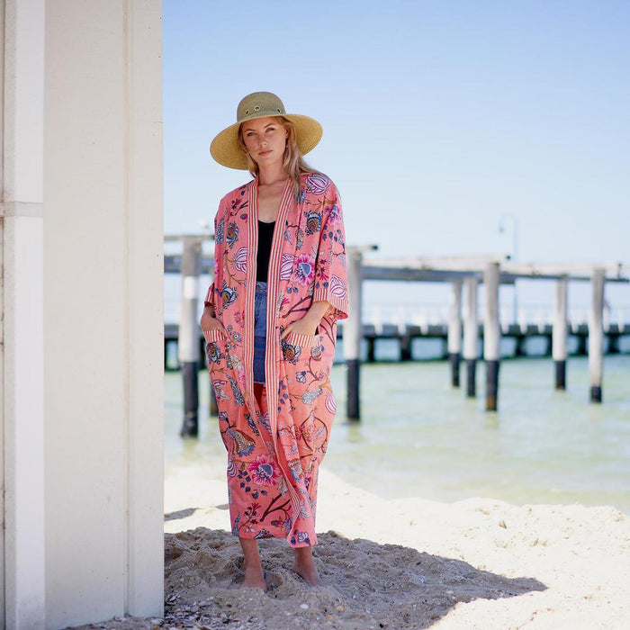 COTTON KIMONO / BATHROBE - Pink Lotus Blooms