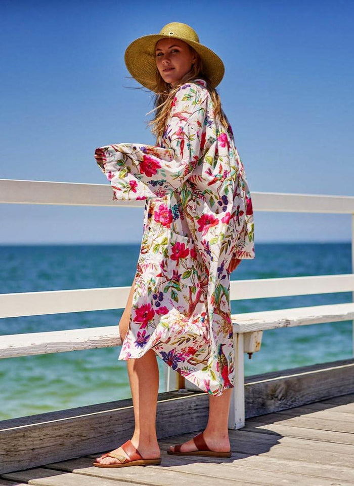 COTTON KIMONO / BATHROBE - White Bird of Paradise
