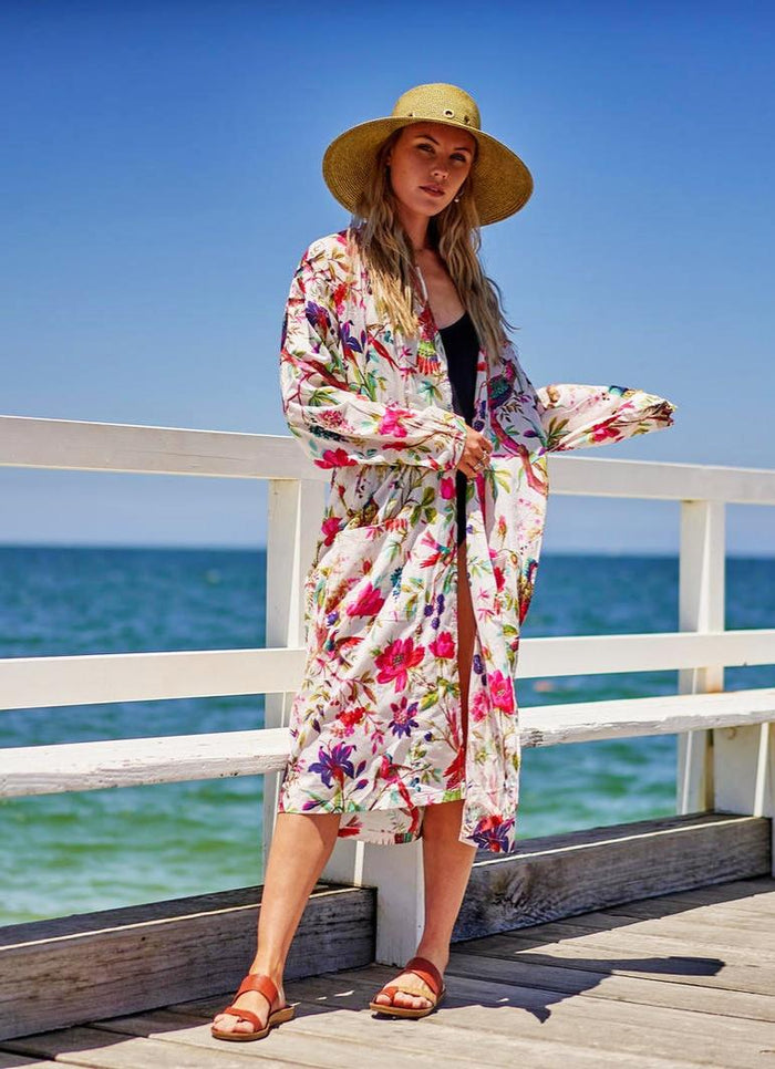 COTTON KIMONO / BATHROBE - White Bird of Paradise