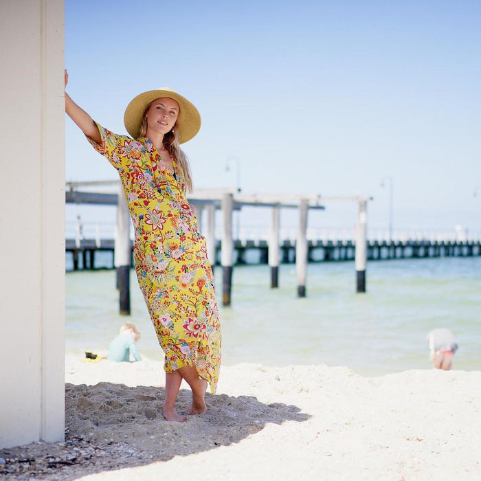 COTTON KIMONO / BATHROBE - Yellow Lotus Blooms