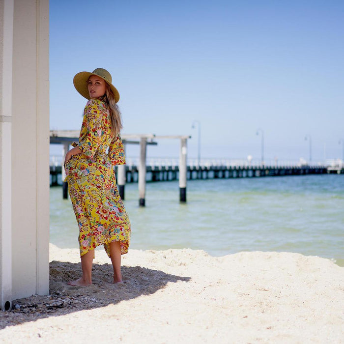 COTTON KIMONO / BATHROBE - Yellow Lotus Blooms