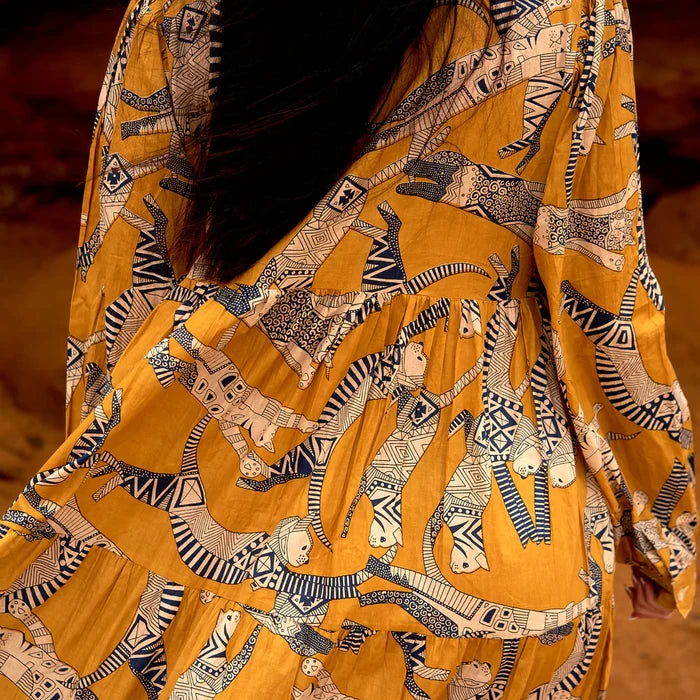 COTTON LONG SLEEVE MAXI DRESS - AZTEC ARRAY