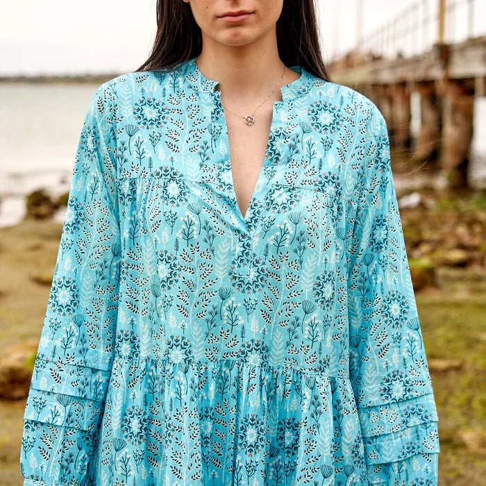 COTTON LONG SLEEVE MAXI DRESS - BABY BLUES IN BLOOM