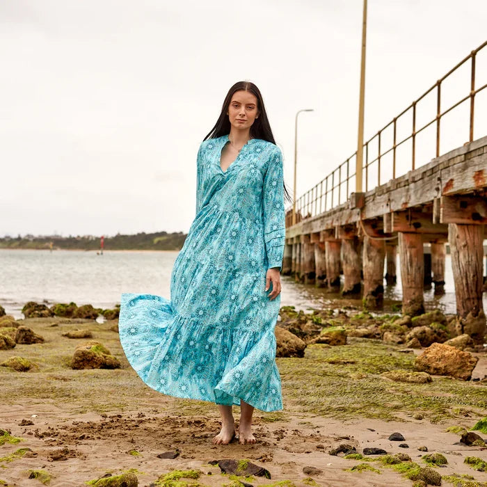 COTTON LONG SLEEVE MAXI DRESS - BABY BLUES IN BLOOM