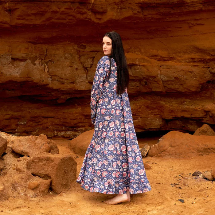 COTTON LONG SLEEVE MAXI DRESS - BLUE BAZZAR