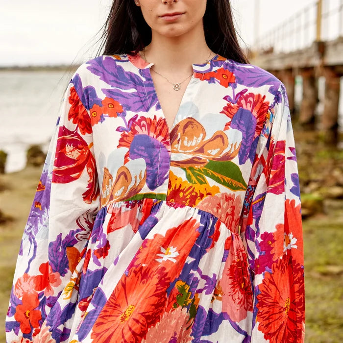 COTTON LONG SLEEVE MAXI DRESS - BOLD BLOSSOMS