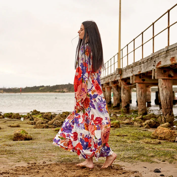 COTTON LONG SLEEVE MAXI DRESS - BOLD BLOSSOMS