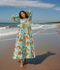 COTTON LONG SLEEVE MAXI DRESS - BURSTING BLOOMS