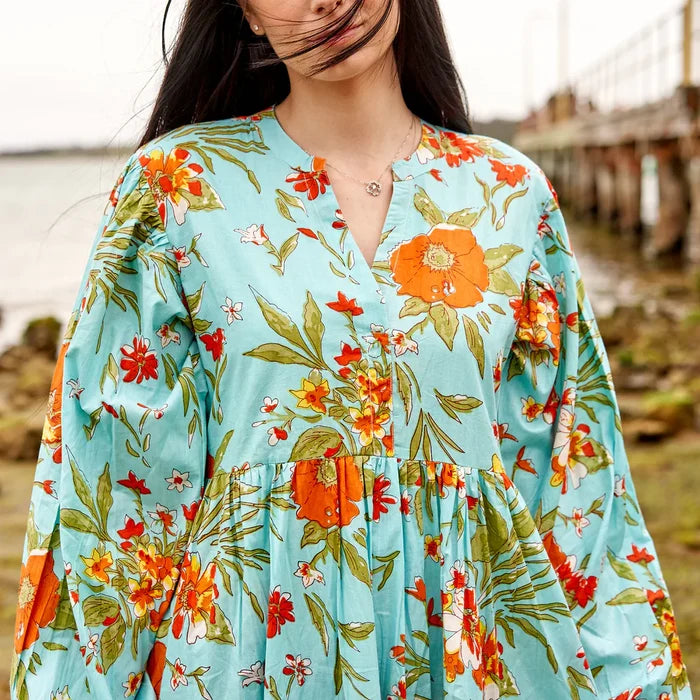 COTTON LONG SLEEVE MAXI DRESS - BURSTING BLOOMS
