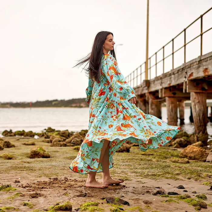 COTTON LONG SLEEVE MAXI DRESS - BURSTING BLOOMS