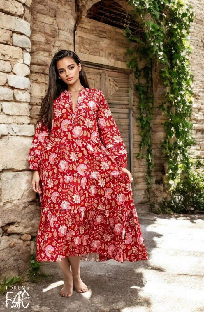 COTTON LONG SLEEVE MAXI DRESS - FIERY BLOOMS
