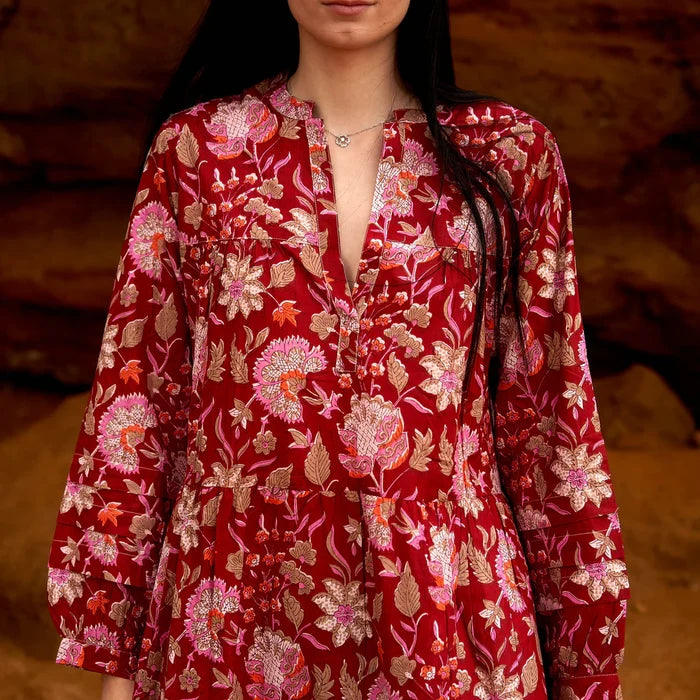 COTTON LONG SLEEVE MAXI DRESS - FIERY BLOOMS