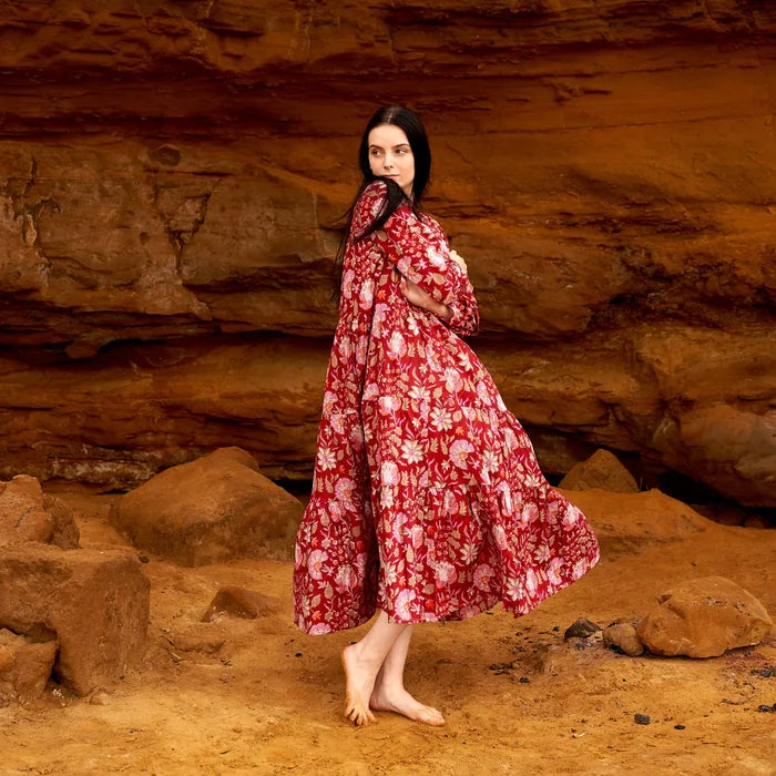 COTTON LONG SLEEVE MAXI DRESS - FIERY BLOOMS