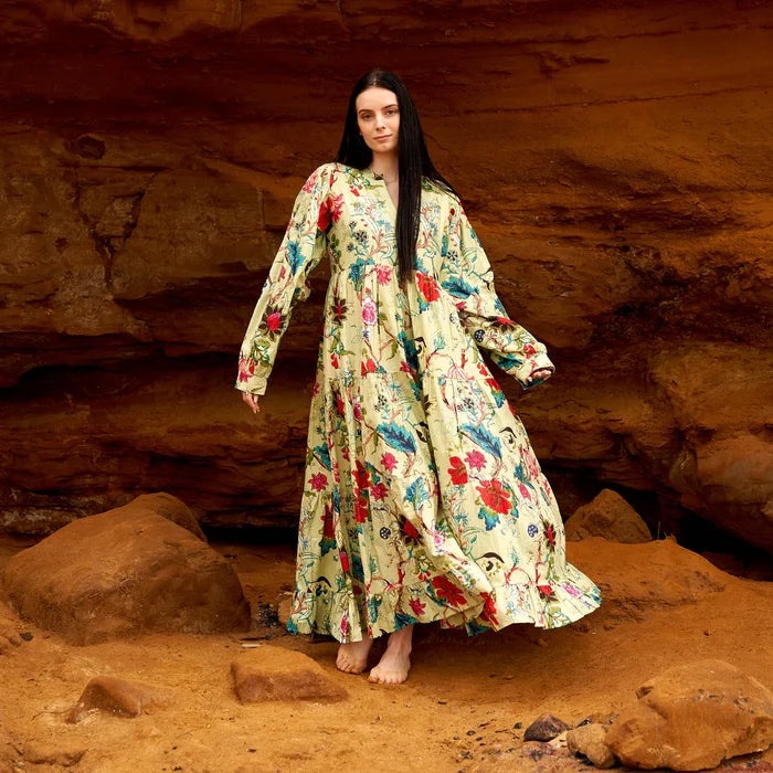 COTTON LONG SLEEVE MAXI DRESS - FUSION FLORA