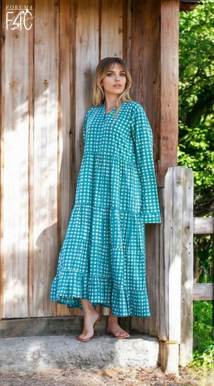 COTTON LONG SLEEVE MAXI DRESS - GINGHAM GODDESS GREEN