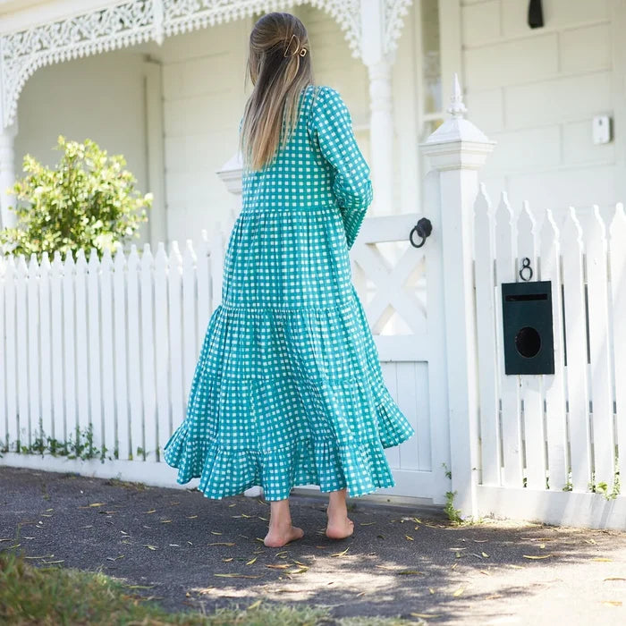 COTTON LONG SLEEVE MAXI DRESS - GINGHAM GODDESS GREEN