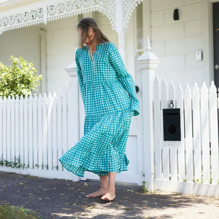 COTTON LONG SLEEVE MAXI DRESS - GINGHAM GODDESS GREEN