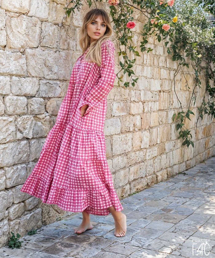 COTTON LONG SLEEVE MAXI DRESS - GINGHAM GODDESS PINK