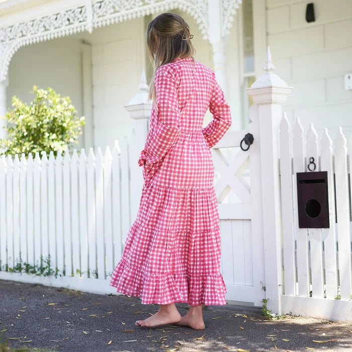 COTTON LONG SLEEVE MAXI DRESS - GINGHAM GODDESS PINK