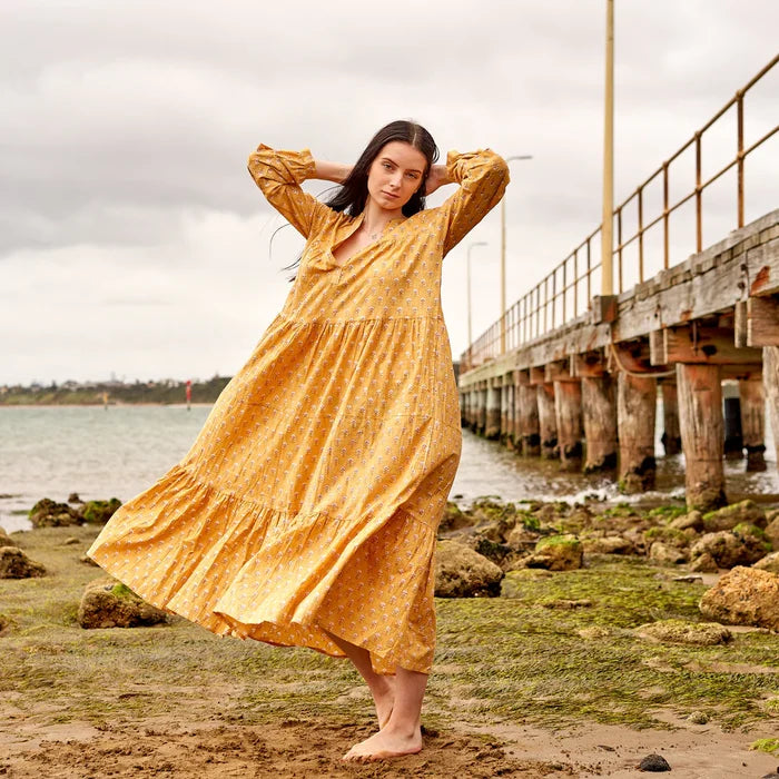 COTTON LONG SLEEVE MAXI DRESS - GOLDEN GARDEN