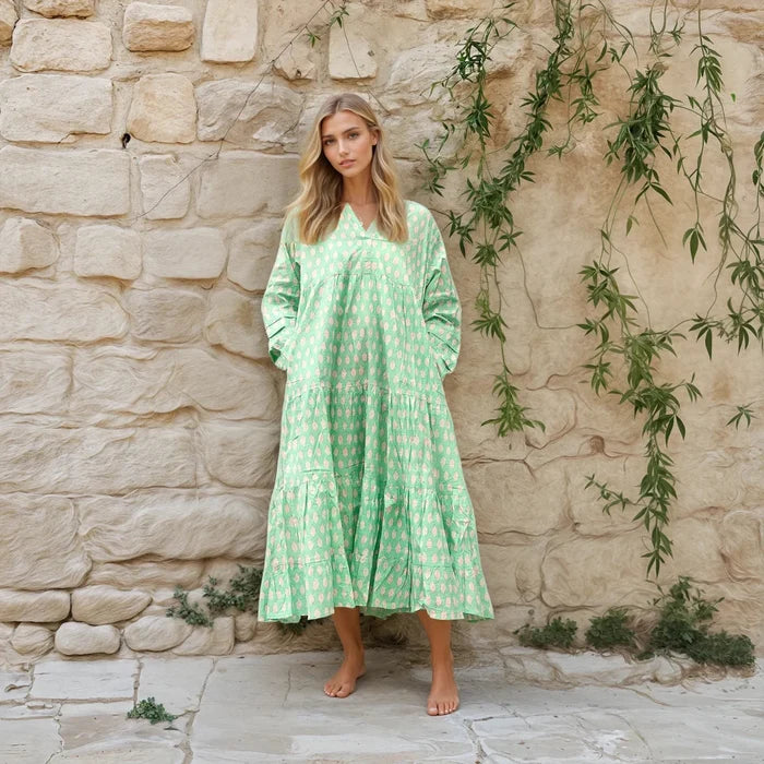 COTTON LONG SLEEVE MAXI DRESS - MEDALLION MINT