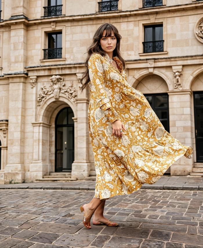 COTTON LONG SLEEVE MAXI DRESS - MUSTARD MOMENTS