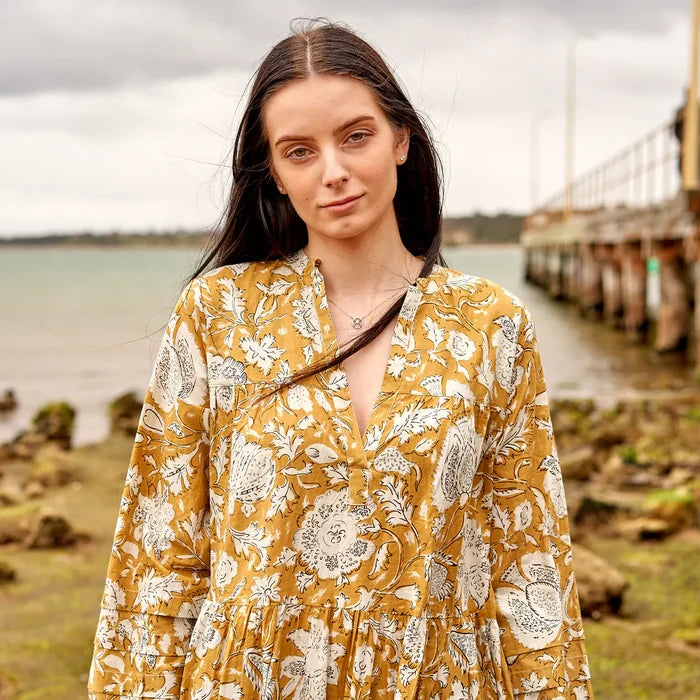 COTTON LONG SLEEVE MAXI DRESS - MUSTARD MOMENTS