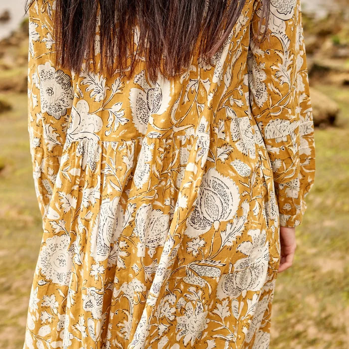 COTTON LONG SLEEVE MAXI DRESS - MUSTARD MOMENTS