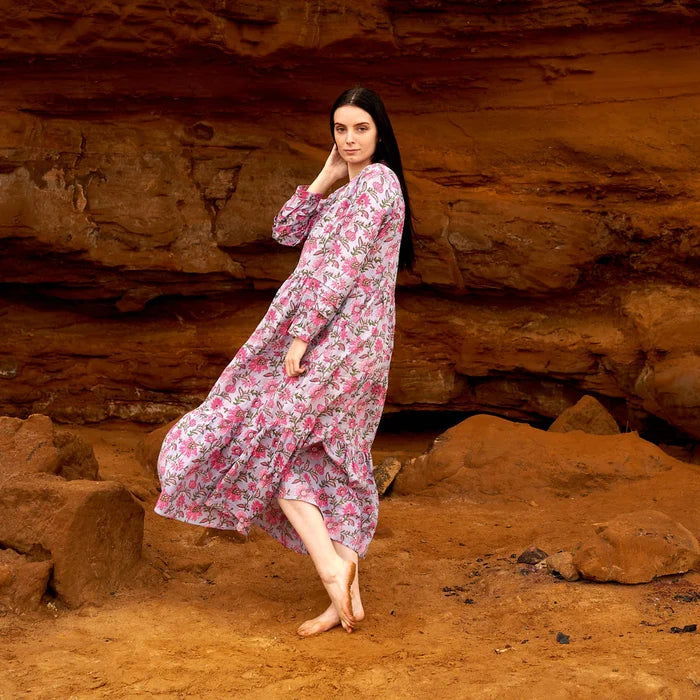 COTTON LONG SLEEVE MAXI DRESS - PEONY IN PINK
