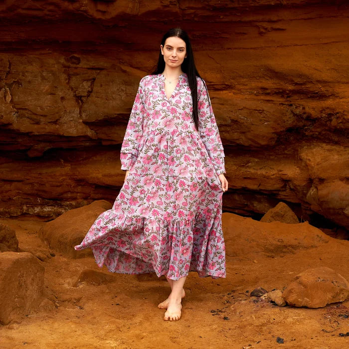COTTON LONG SLEEVE MAXI DRESS - PEONY IN PINK