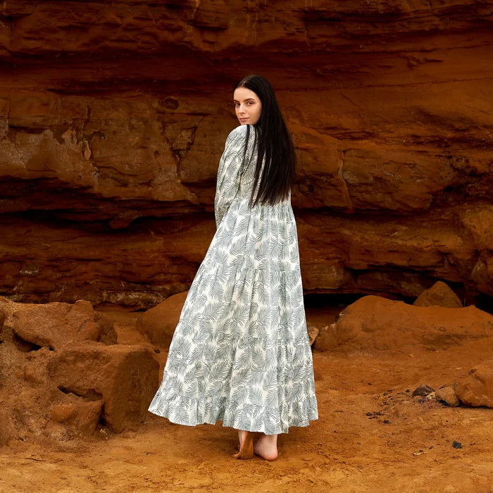 COTTON LONG SLEEVE MAXI DRESS - PRETTY PALMS