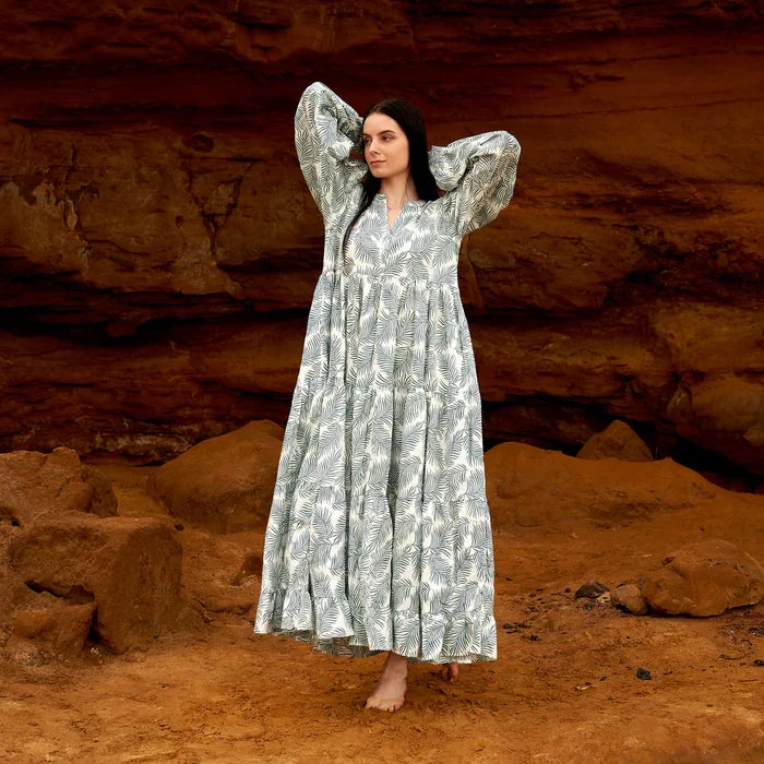 COTTON LONG SLEEVE MAXI DRESS - PRETTY PALMS