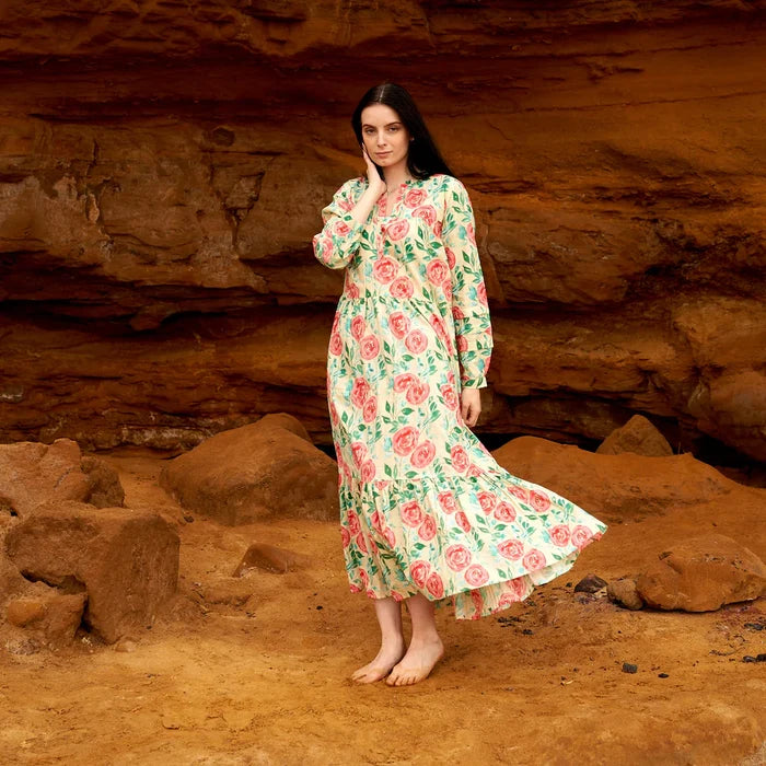 COTTON LONG SLEEVE MAXI DRESS - REVIVAL ROSES