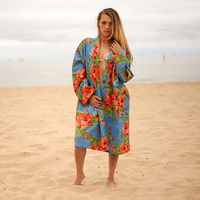 COTTON WAFFLE BATH ROBE KIMONO - FRESIA FLORALS