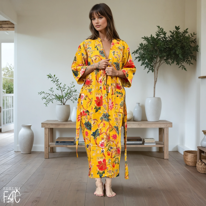 COTTON WAFFLE BATH ROBE KIMONO - GOLDEN WATTLE BLOOMS