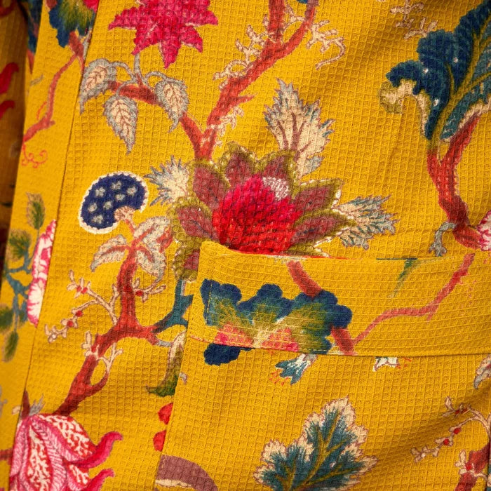 COTTON WAFFLE BATH ROBE KIMONO - GOLDEN WATTLE BLOOMS