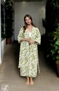 COTTON WAFFLE BATH ROBE KIMONO - GREEN FOLIAGE