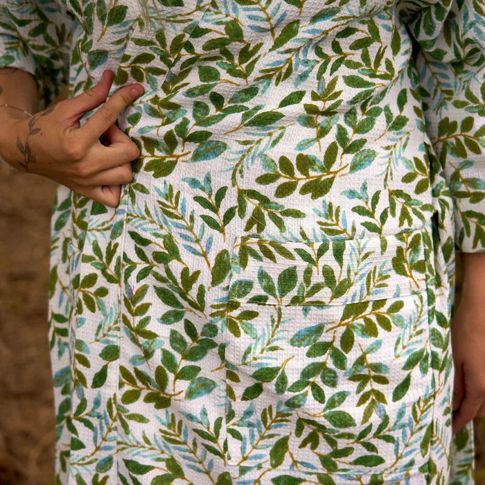 COTTON WAFFLE BATH ROBE KIMONO - GREEN FOLIAGE