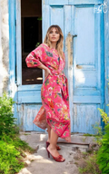COTTON WAFFLE BATH ROBE KIMONO - HOT PINK BLOSSOMS