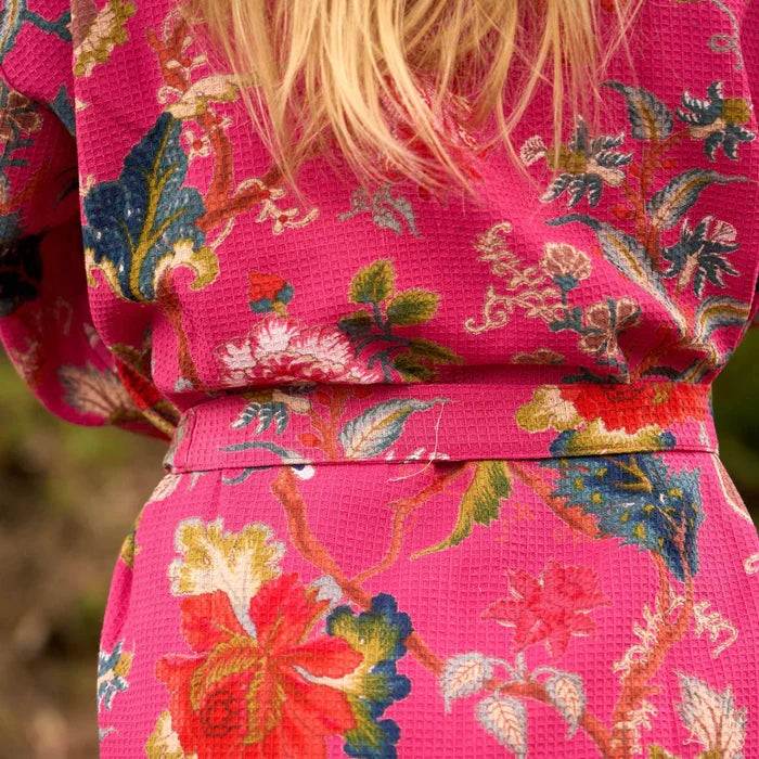 COTTON WAFFLE BATH ROBE KIMONO - HOT PINK BLOSSOMS