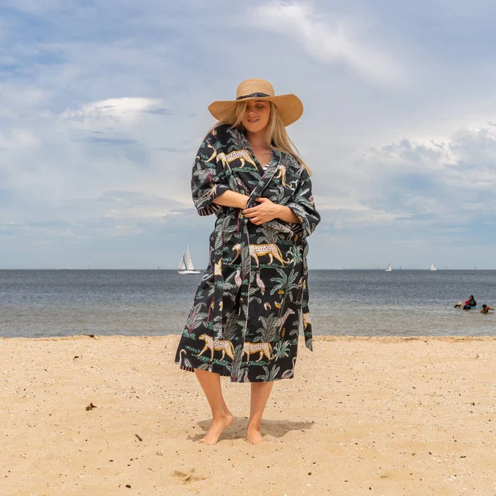 COTTON WAFFLE BATH ROBE KIMONO - JUNGLE JIVE BLACK