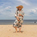 COTTON WAFFLE BATH ROBE KIMONO - JUNGLE JIVE WHITE