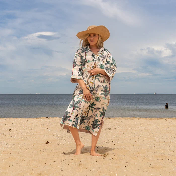 COTTON WAFFLE BATH ROBE KIMONO - JUNGLE JIVE WHITE