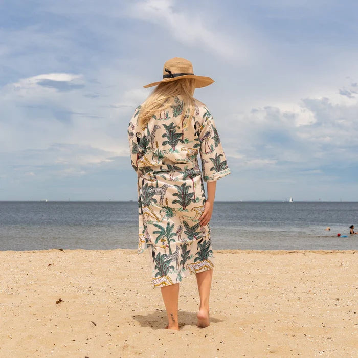 COTTON WAFFLE BATH ROBE KIMONO - JUNGLE JIVE WHITE