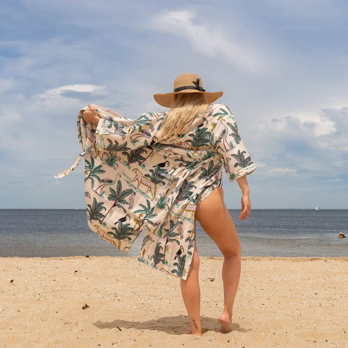 COTTON WAFFLE BATH ROBE KIMONO - JUNGLE JIVE WHITE