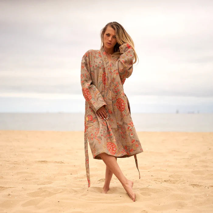 COTTON WAFFLE BATH ROBE KIMONO - PASTEL POSIES