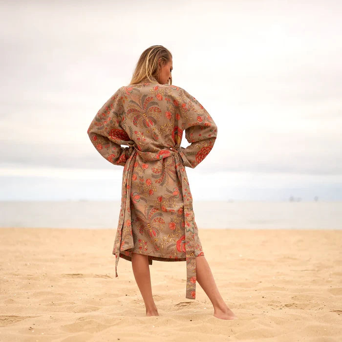 COTTON WAFFLE BATH ROBE KIMONO - PASTEL POSIES